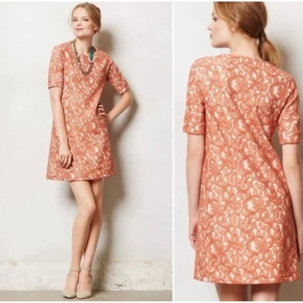 Anthropologie Paul‎ & Joe Sister Lace Bellini Shift Dress Peach Mini Retro Mod S
